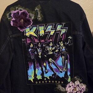 Universal Thread Black Denim Jacket with Purple Floral Accents